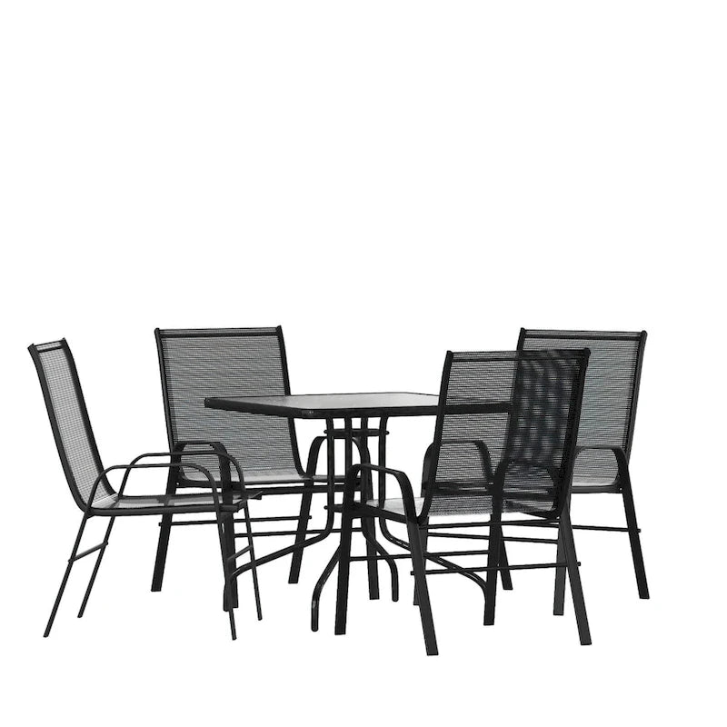 5 Piece Patio Dining Set - Glass Table, 4 Flex Stack Chairs