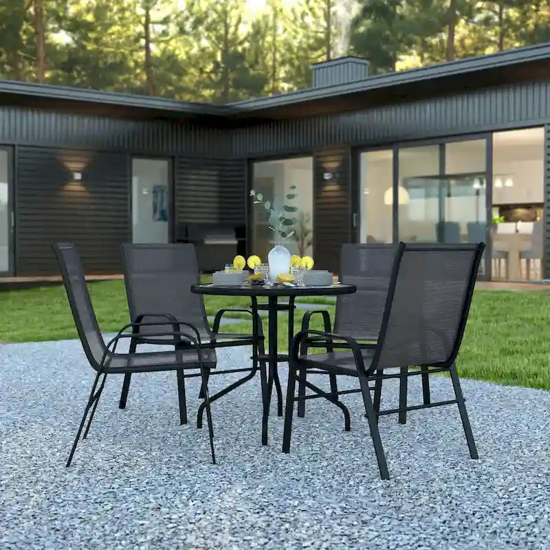 5 Piece Patio Dining Set - Glass Table, 4 Flex Stack Chairs