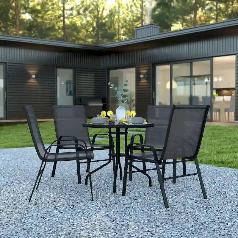 5 Piece Patio Dining Set - Glass Table, 4 Flex Stack Chairs