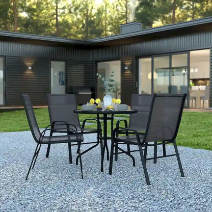 5 Piece Patio Dining Set - Glass Table, 4 Flex Stack Chairs