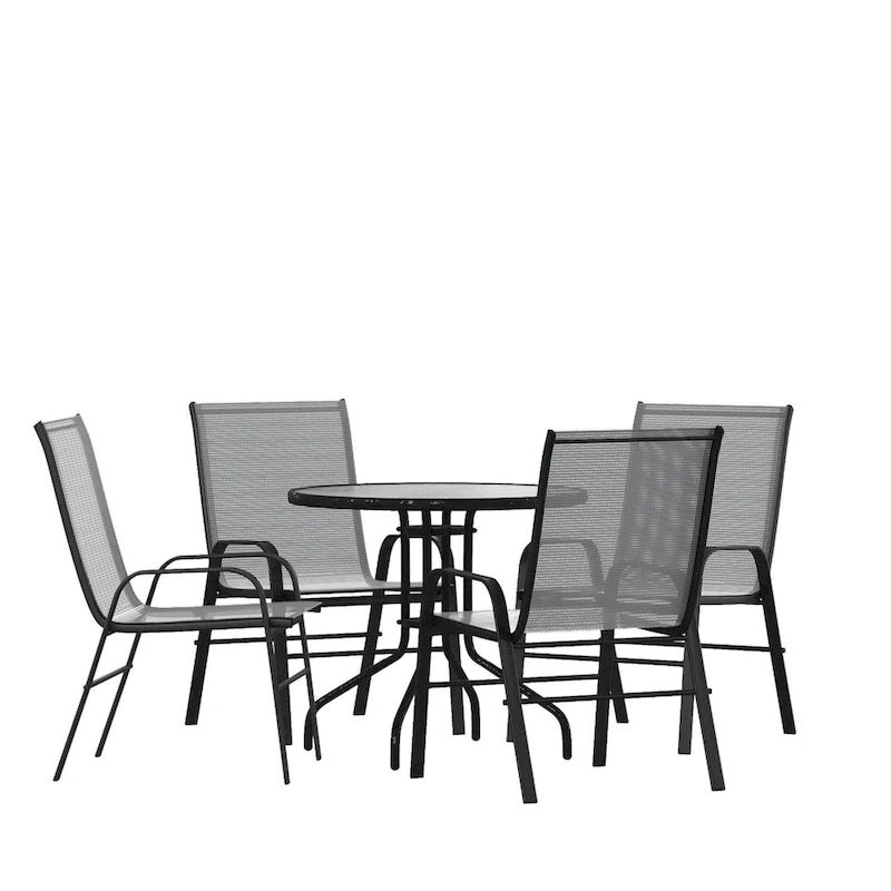 5 Piece Patio Dining Set - Glass Table, 4 Flex Stack Chairs