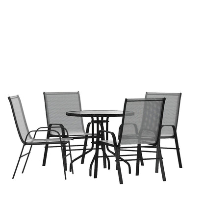 5 Piece Patio Dining Set - Glass Table, 4 Flex Stack Chairs