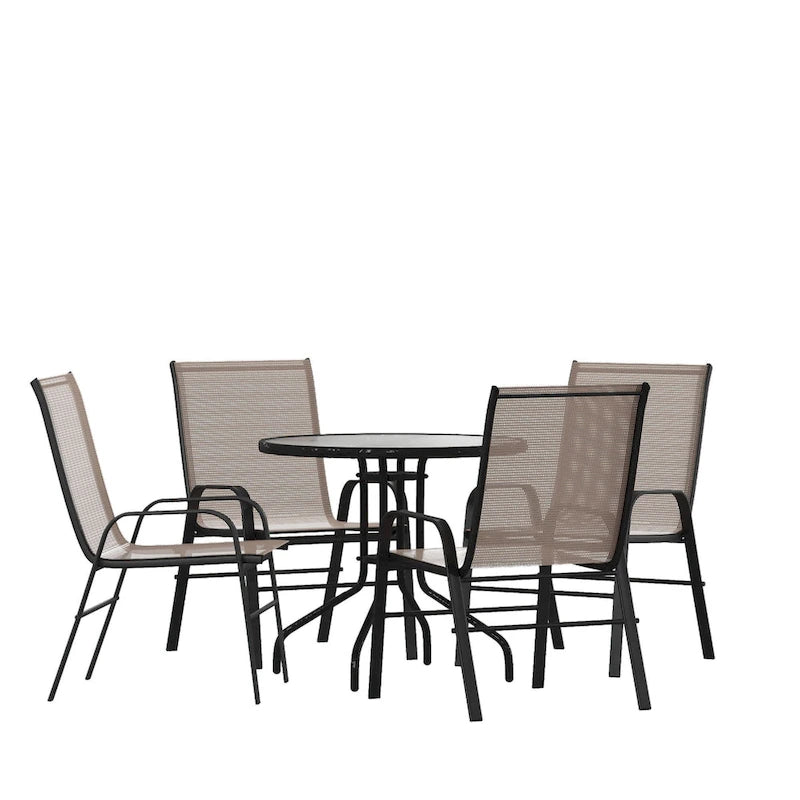 5 Piece Patio Dining Set - Glass Table, 4 Flex Stack Chairs
