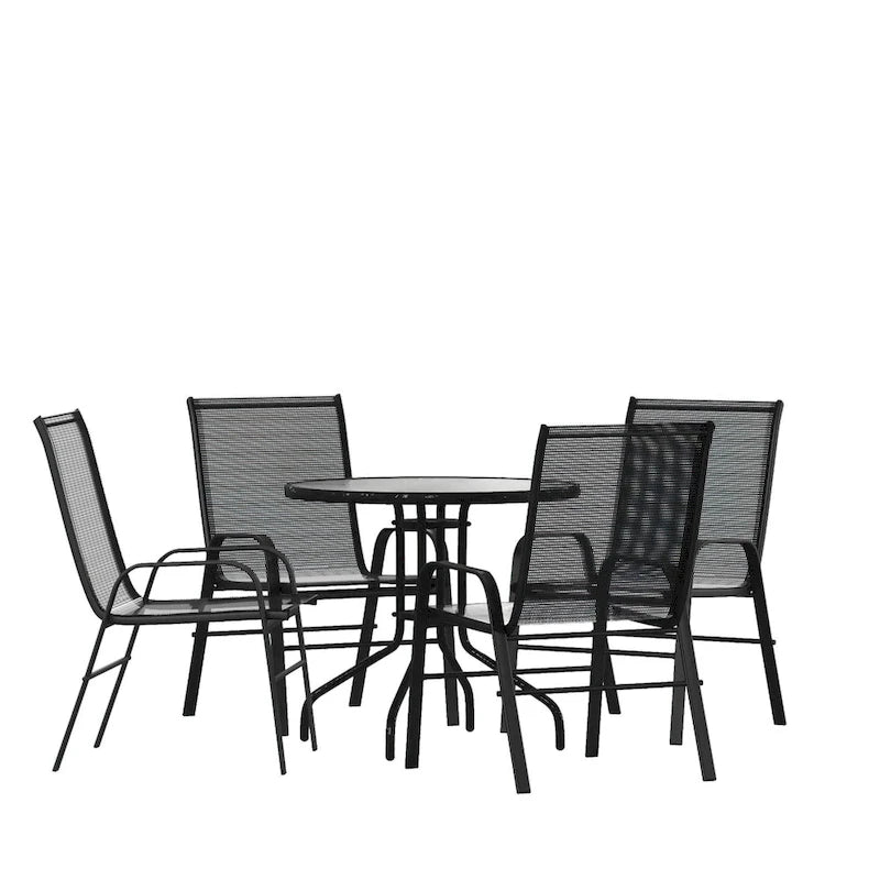 5 Piece Patio Dining Set - Glass Table, 4 Flex Stack Chairs