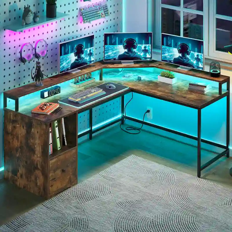 Moasis 66-inch L Shaped Gaming Desk with Shelves and Monitor Stand Home Office Desk