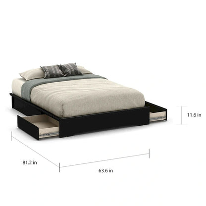 Queen Platform Bed Frame with 2 Storage Drawers in Black Wood Finish