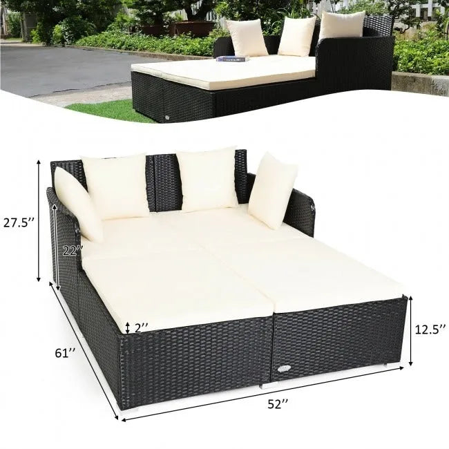 Outdoor Rattan Daybed with Cushions for Patio Garden Lounge Seating