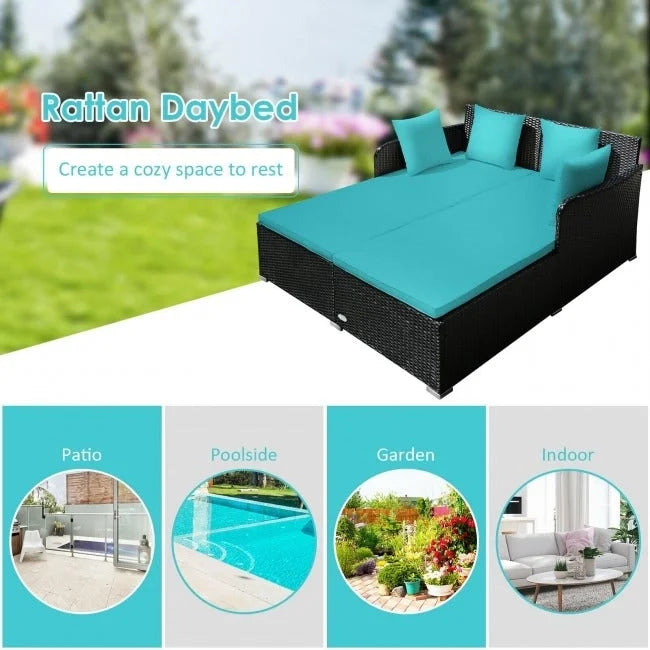 Outdoor Rattan Daybed with Cushions for Patio Garden Lounge Seating