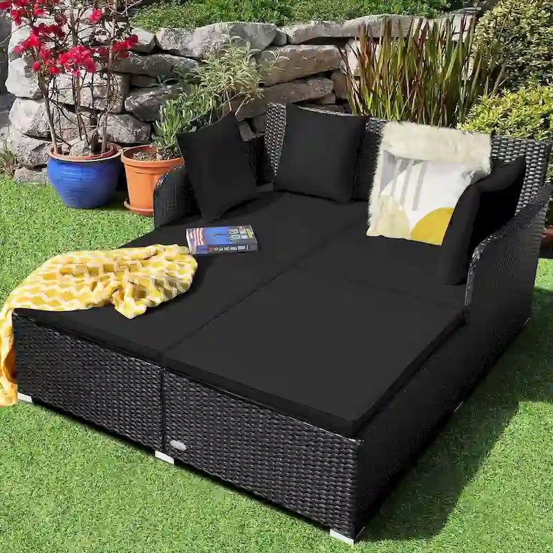 Outdoor Rattan Daybed with Cushions for Patio Garden Lounge Seating