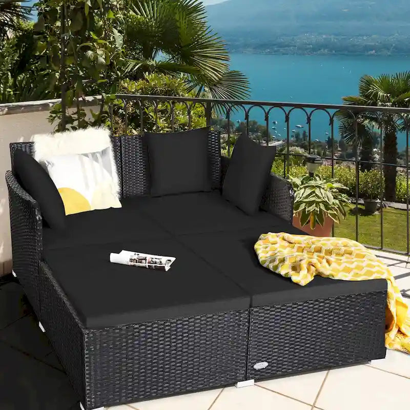 Outdoor Rattan Daybed with Cushions for Patio Garden Lounge Seating