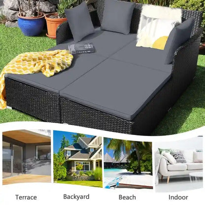 Outdoor Rattan Daybed with Cushions for Patio Garden Lounge Seating