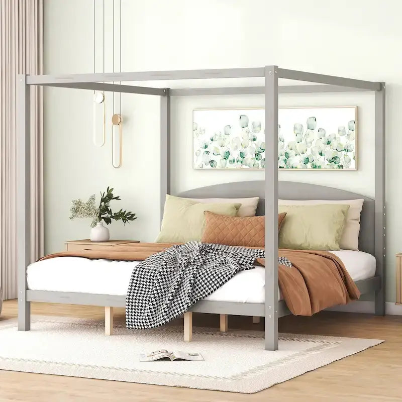 Pine Wood Canopy Platform Bed: Headboard, Sturdy Frame