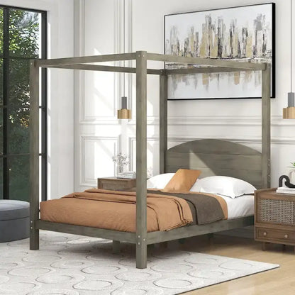 Pine Wood Canopy Platform Bed: Headboard, Sturdy Frame