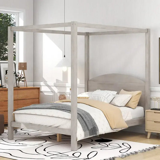 Pine Wood Canopy Platform Bed: Headboard, Sturdy Frame