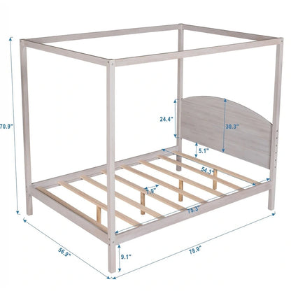 Pine Wood Canopy Platform Bed: Headboard, Sturdy Frame