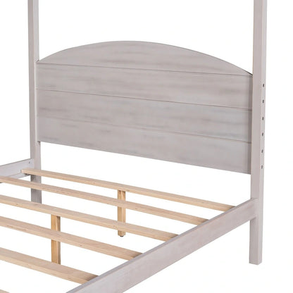 Pine Wood Canopy Platform Bed: Headboard, Sturdy Frame