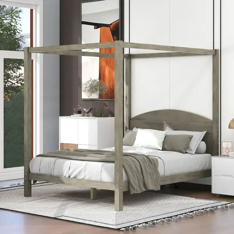 Pine Wood Canopy Platform Bed: Headboard, Sturdy Frame