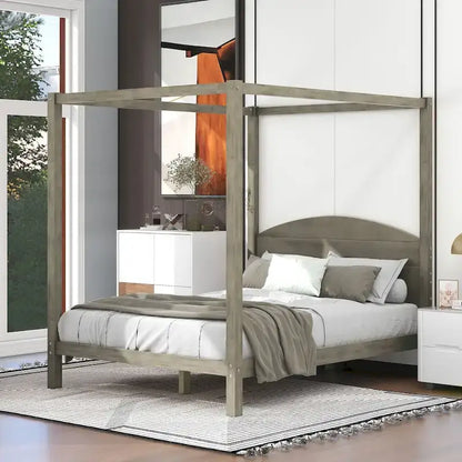 Pine Wood Canopy Platform Bed: Headboard, Sturdy Frame