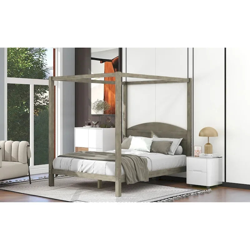 Pine Wood Canopy Platform Bed: Headboard, Sturdy Frame