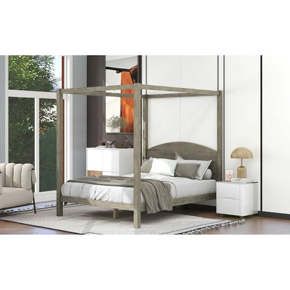 Pine Wood Canopy Platform Bed: Headboard, Sturdy Frame
