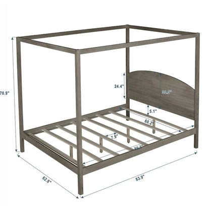 Pine Wood Canopy Platform Bed: Headboard, Sturdy Frame