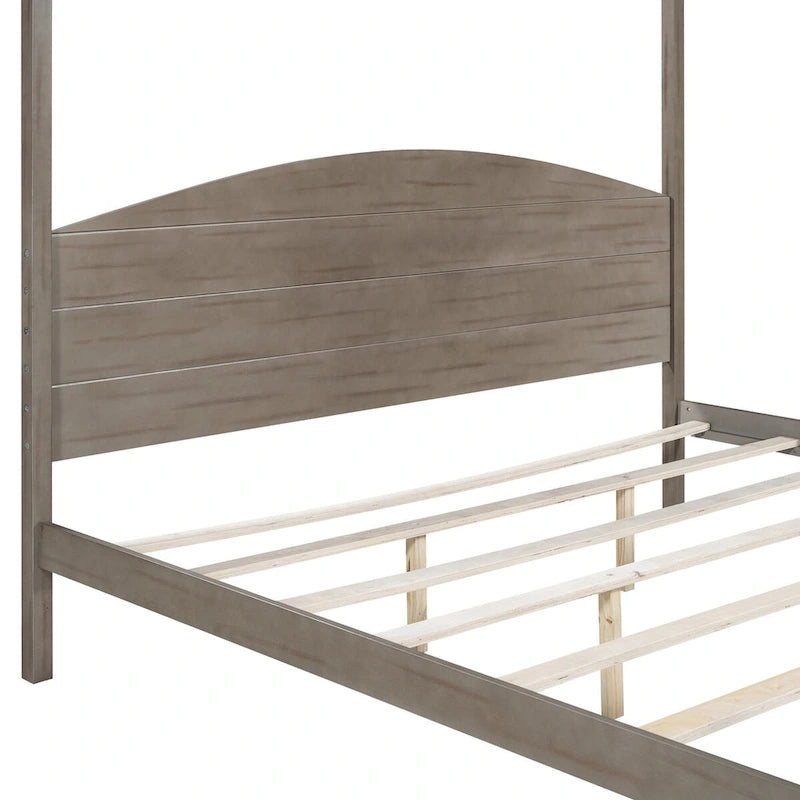 Pine Wood Canopy Platform Bed: Headboard, Sturdy Frame