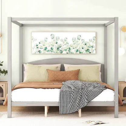Pine Wood Canopy Platform Bed: Headboard, Sturdy Frame