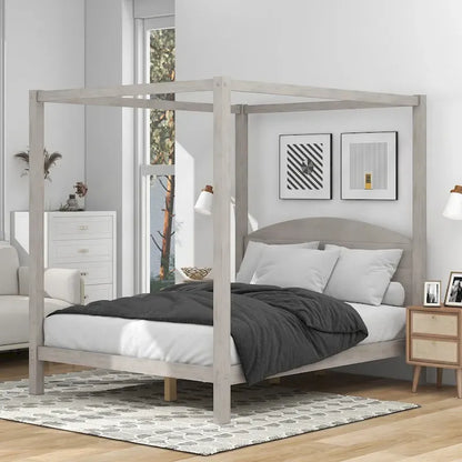 Pine Wood Canopy Platform Bed: Headboard, Sturdy Frame