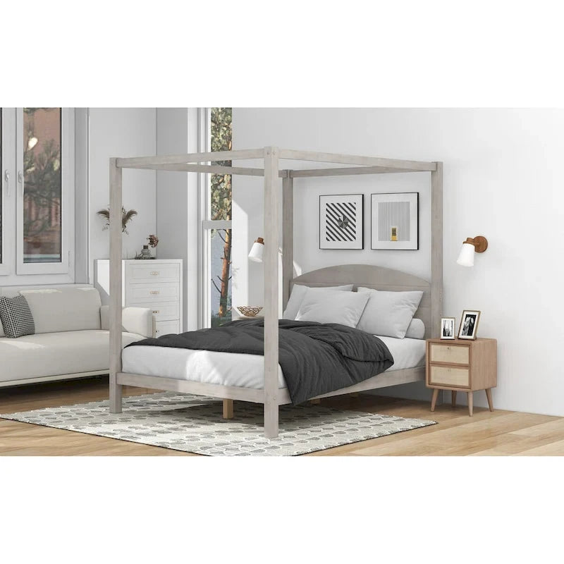 Pine Wood Canopy Platform Bed: Headboard, Sturdy Frame