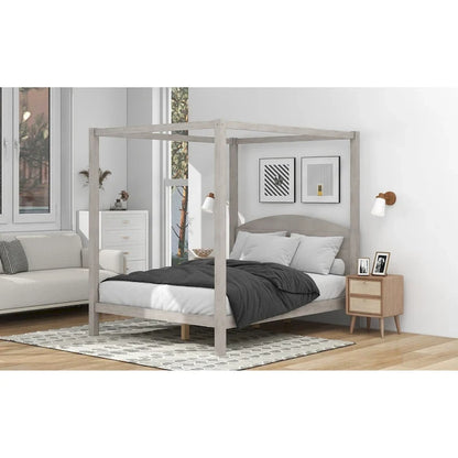 Pine Wood Canopy Platform Bed: Headboard, Sturdy Frame