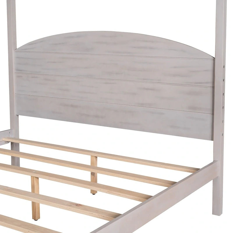 Pine Wood Canopy Platform Bed: Headboard, Sturdy Frame