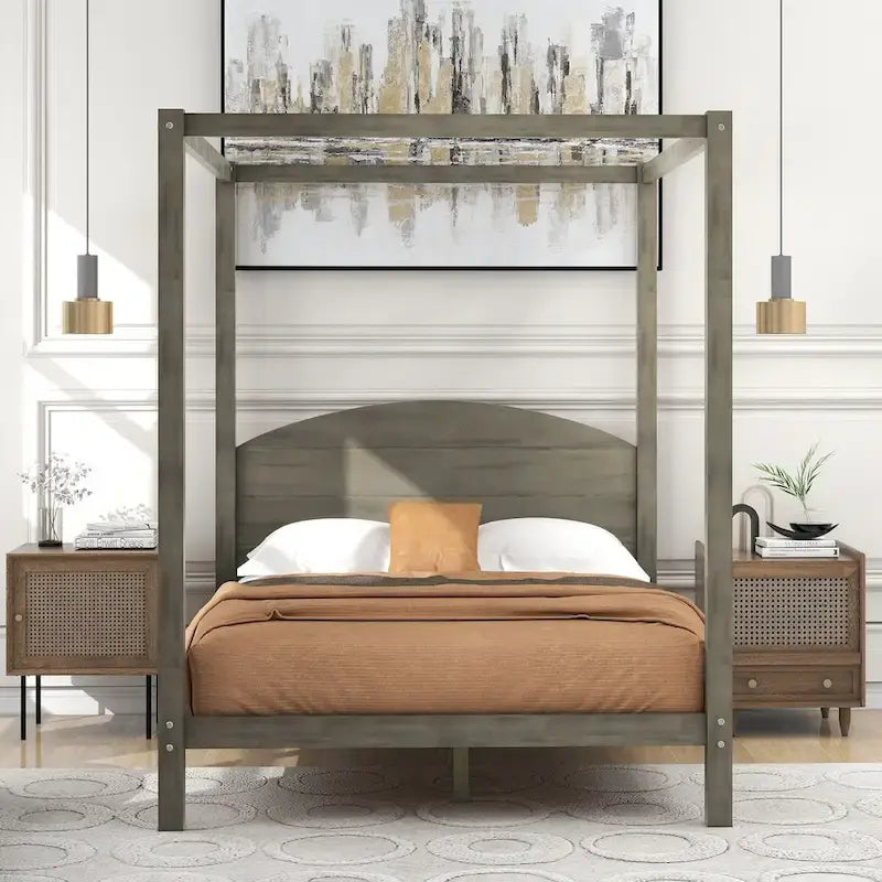 Pine Wood Canopy Platform Bed: Headboard, Sturdy Frame