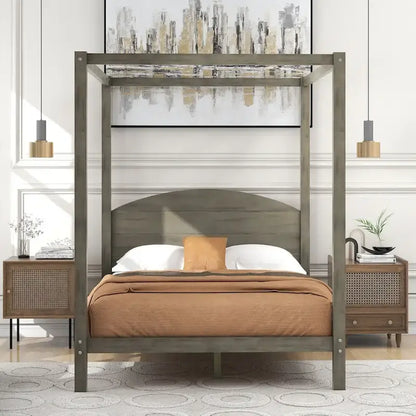 Pine Wood Canopy Platform Bed: Headboard, Sturdy Frame