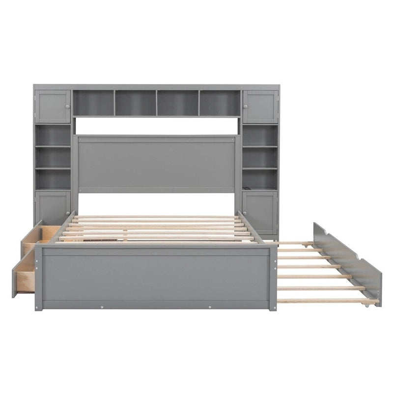 Queen Size Wooden Bed with All-in-One Cabinet, Shelf and Sockets
