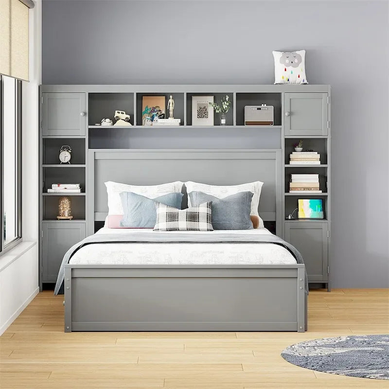 Queen Size Wooden Bed with All-in-One Cabinet, Shelf and Sockets