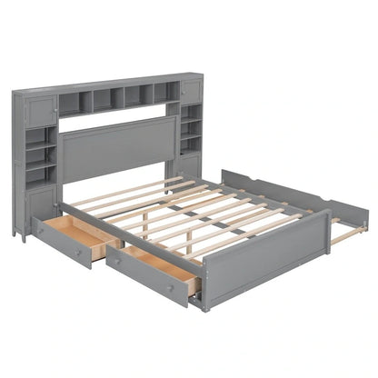 Queen Size Wooden Bed with All-in-One Cabinet, Shelf and Sockets