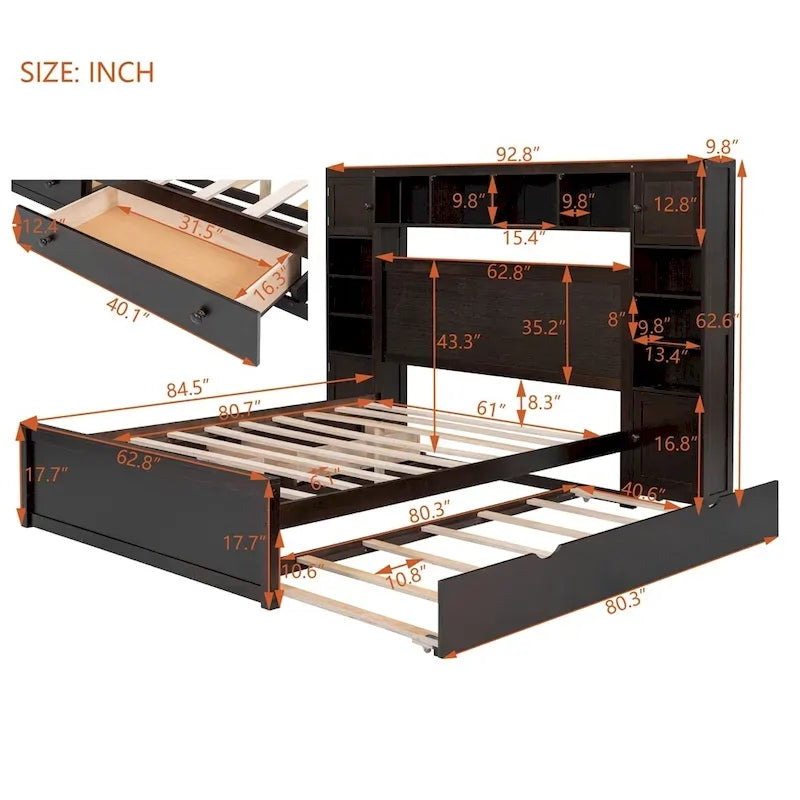 Queen Size Wooden Bed with All-in-One Cabinet, Shelf and Sockets