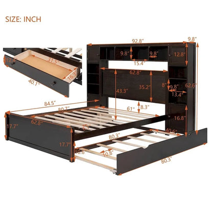 Queen Size Wooden Bed with All-in-One Cabinet, Shelf and Sockets