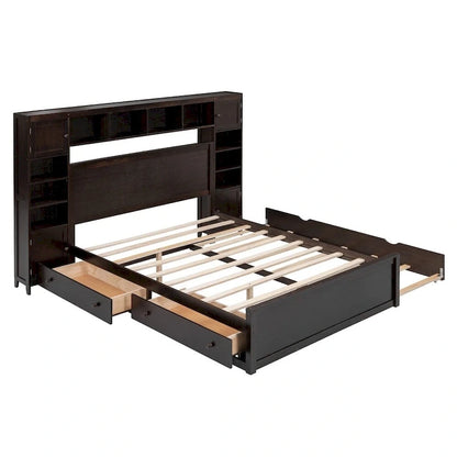 Queen Size Wooden Bed with All-in-One Cabinet, Shelf and Sockets