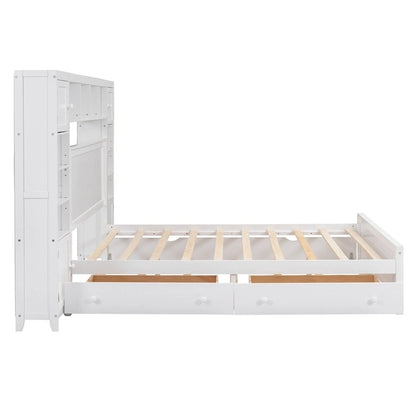Queen Size Wooden Bed with All-in-One Cabinet, Shelf and Sockets