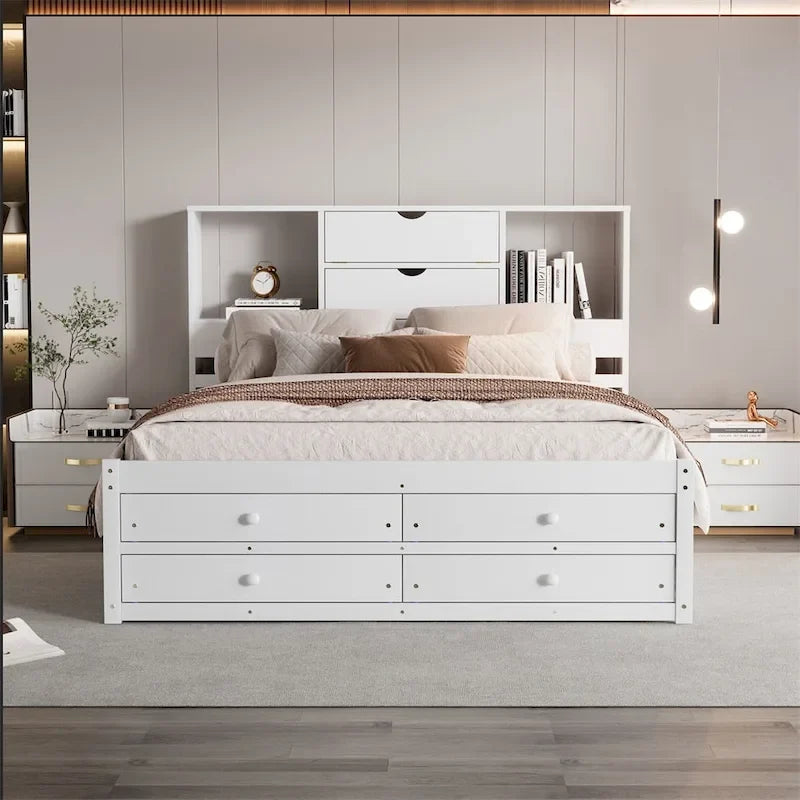 Queen Size Platform Bed with Storage Headboard and 8 Drawers