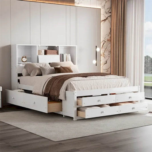 Queen Size Platform Bed with Storage Headboard and 8 Drawers