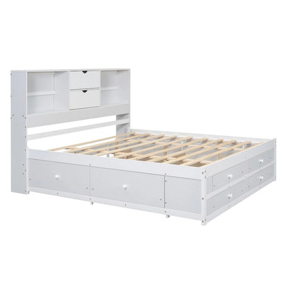 Queen Size Platform Bed with Storage Headboard and 8 Drawers