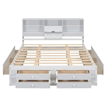 Queen Size Platform Bed with Storage Headboard and 8 Drawers