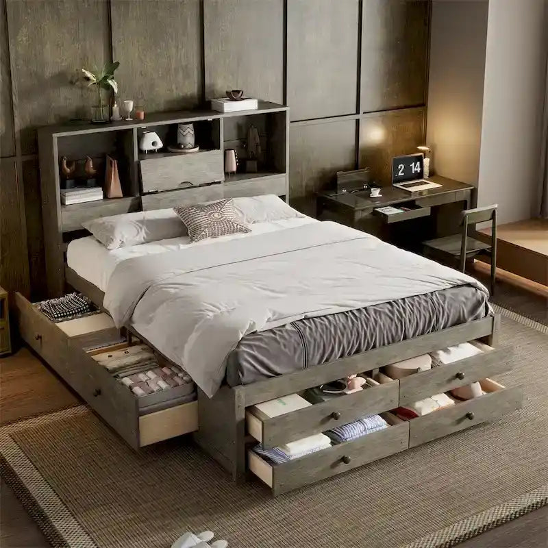 Queen Size Platform Bed with Storage Headboard and 8 Drawers