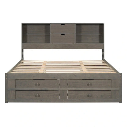 Queen Size Platform Bed with Storage Headboard and 8 Drawers