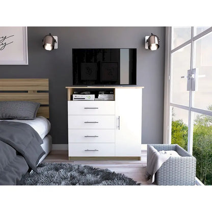 4 Drawer Dresser, Single Door Cabinet, One Open Shelf, Superior Top