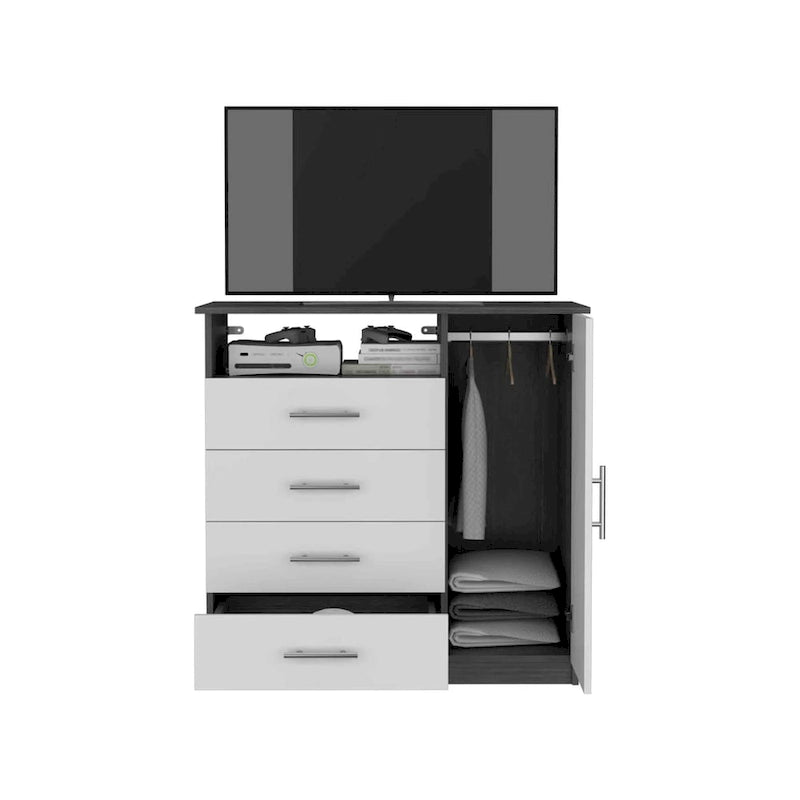 4 Drawer Dresser, Single Door Cabinet, One Open Shelf, Superior Top