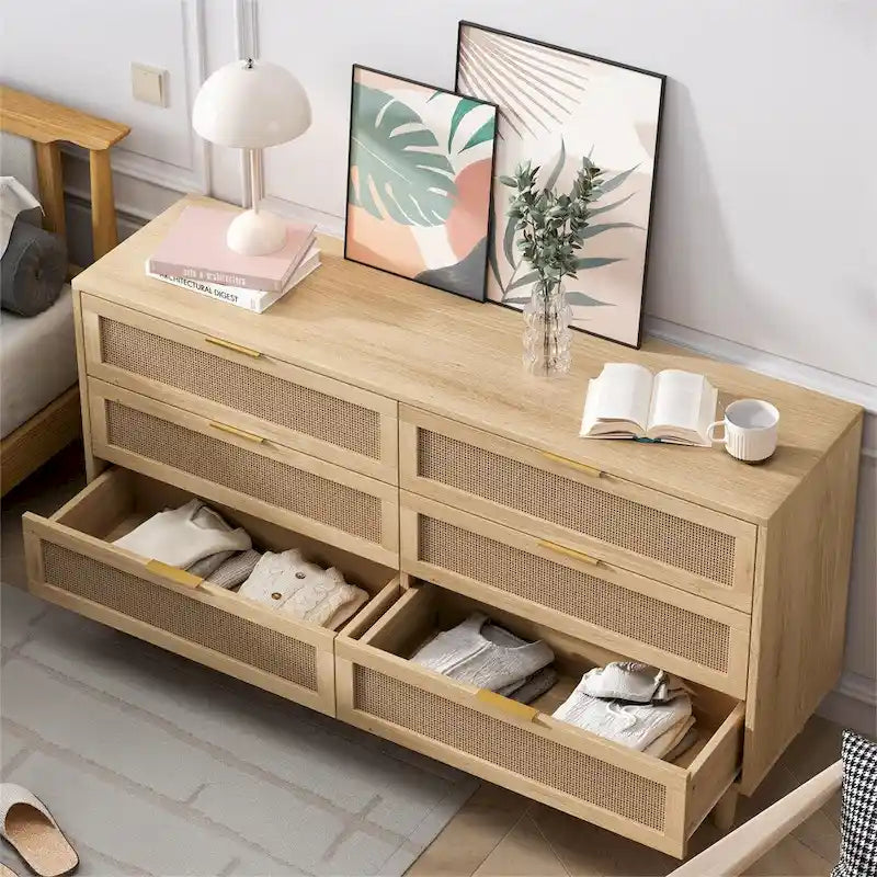 59  Rattan Storage Cabinet with 6 Drawers and Wood Legs