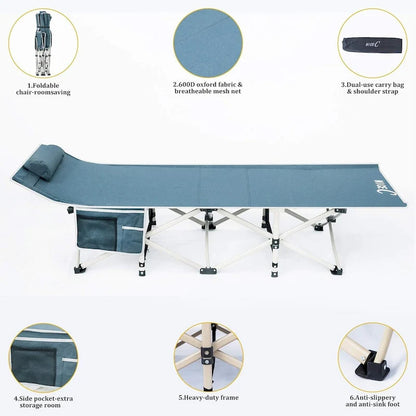 Camping Cots, Folding Cot, with Pillow, Carry Bag & Storage Pocket, Heavy Duty Holds Up to 500 Lbs, Outdoor&Indoor - 74 x 26.5